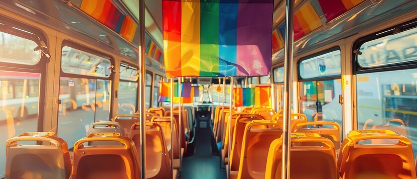 Rainbow Pride Flag in buses and public transport during Pride celebrations, pride month LGBTQIA theme