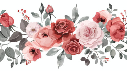 Watercolour Floral Bouquets Scarlet Pink Roses Spring