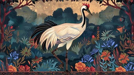 Naklejka premium A regal crane in the style of intricate psychedelic landscapes, flat illustrations, 2D game art,