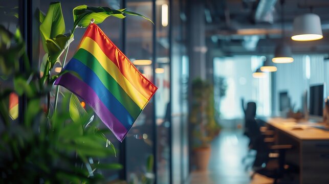 Rainbow Pride Flag in corporate offices during Pride Month, pride month LGBTQIA theme