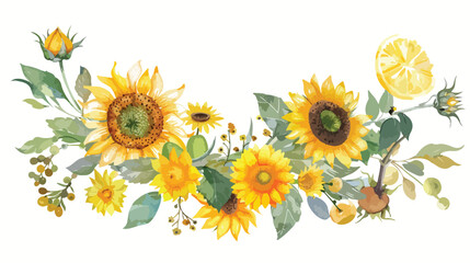 Watercolour Floral Vegetable Wreath Yellow Green Sunf