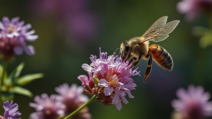 bee flitting around flowers in spring