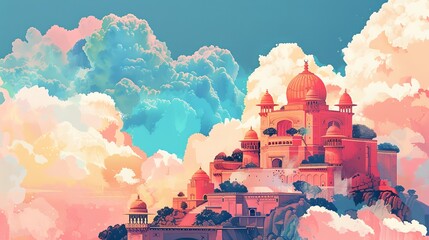 clouds of time, with Indian traditional architectural and jewelry elements cubism minimalistic illustration