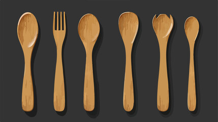 3d realistic wooden spoon and fork kitchen cutlery. background