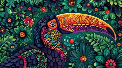 Fototapeta premium A vibrant toucan in the style of intricate psychedelic landscapes, flat illustrations, 2D game art,