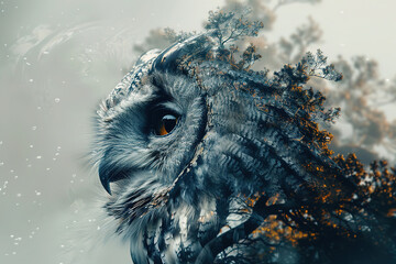  monochromatic, double exposure owl intricate, detailed feathers.  silhouette leafless tree,  surreal artistic effect.