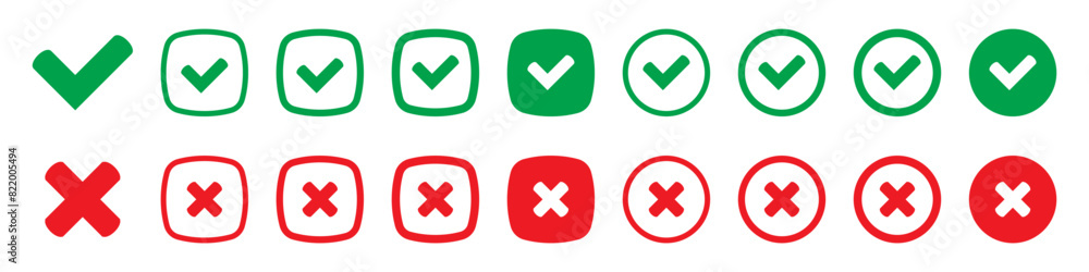 Aufkleber right or wrong icons. green tick and red cross checkmarks. yes or no symbol, approved or rejected ic