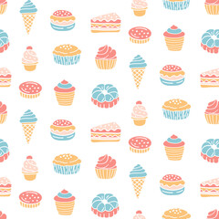 Bakery seamless pattern cupcake and muffin doodles