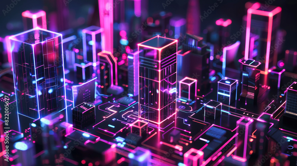 Poster a digital cityscape with holographic elements and circuit patterns