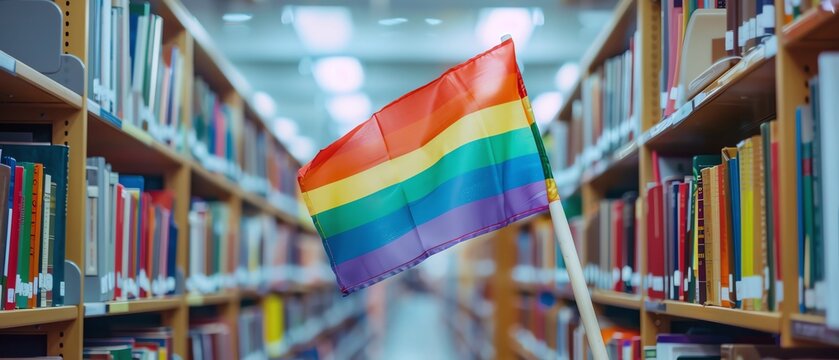 Rainbow Pride Flag in public libraries with LGBT collections, pride month LGBTQIA theme
