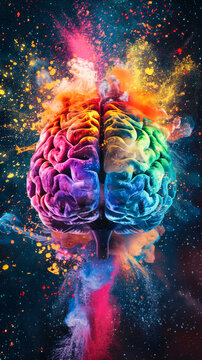 A colorful human brain with exploding color dust against a dark background. Brilliant ideas concept.