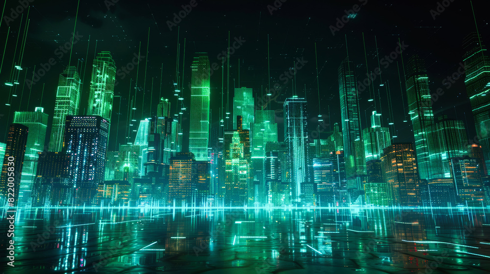 Aufkleber a digital cityscape with holographic elements and circuit patterns