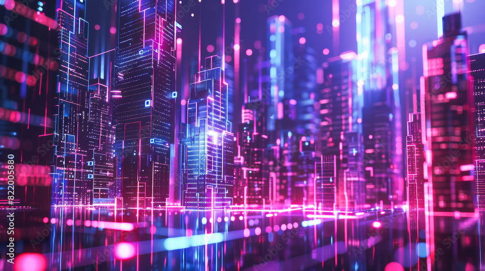 Poster a digital cityscape with holographic elements and circuit patterns