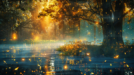 Fototapeta premium A magical fantasy forest with fireflies and glowing flowers