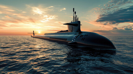 Naval submarine on open sea surface with cloudy sky