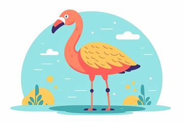 Obraz premium Colorful illustration of a pink flamingo standing with a scenic background, including clouds and plants.