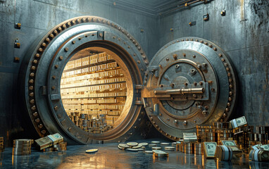 Open bank vault with golden walls and gold stacks.