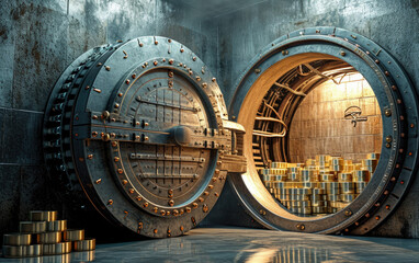 Open bank vault with golden walls and gold stacks.