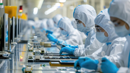 Operator in white clean suit, a cap and a mask at an electronic assembly line soldering copper wire to a circuit board with solder iron and smoke