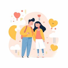 Fototapeta premium Illustration of a happy couple holding hands surrounded by hearts, symbolizing love and romance. Perfect for love-themed designs.