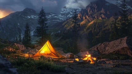 Camping hiking with tent. Mountains landscape. Nature illustration generated by AI