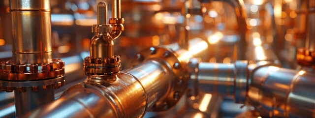 Close-up of shiny pipes with wires with orange lighting.