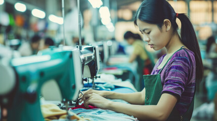 Seamstress or worker in Asian textile factory sewing with industrial sewing machine