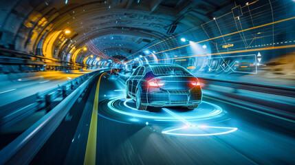 Self driving vehicles in an underground tunnel. Concept of integration of Ai technology in traffic control.