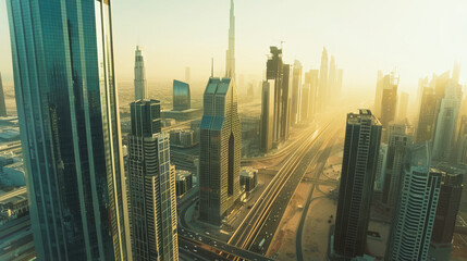 An aerial view of modern futuristic skyscrapers in the desert