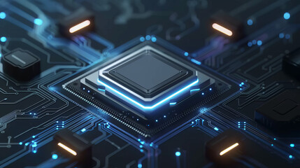 Fototapeta premium close-up view of a glowing microchip on a circuit board. The blue lights and intricate pathways highlight the advanced technology and complexity of modern electronics