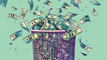 dollar bills flying out of a trash bin against a pink background. The concept symbolizes wasting money or financial loss