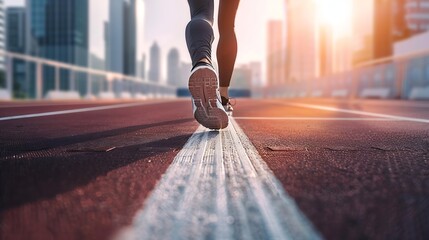 Obraz premium Start Competition Concept Low Section of Businessman Steps into Start Line on Running Track and Moving Forward to New Challenge Blurred City Building as background : Generative AI