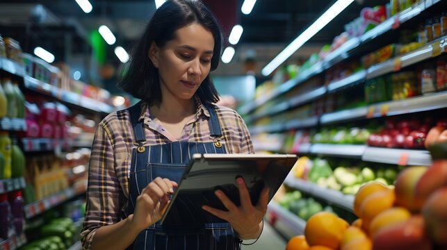 Happy supermarket owner using a digital tablet while standing in her grocery store Successful entrepreneur running her small business using wireless technology : Generative AI