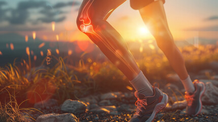 close-up of a runner's leg during a sunset with a visual representation of the knee joint highlighted. The scene emphasizes the importance of joint health and physical activity.