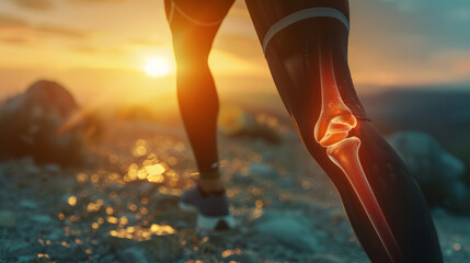 close-up of a runner's leg during a sunset with a visual representation of the knee joint highlighted. The scene emphasizes the importance of joint health and physical activity.