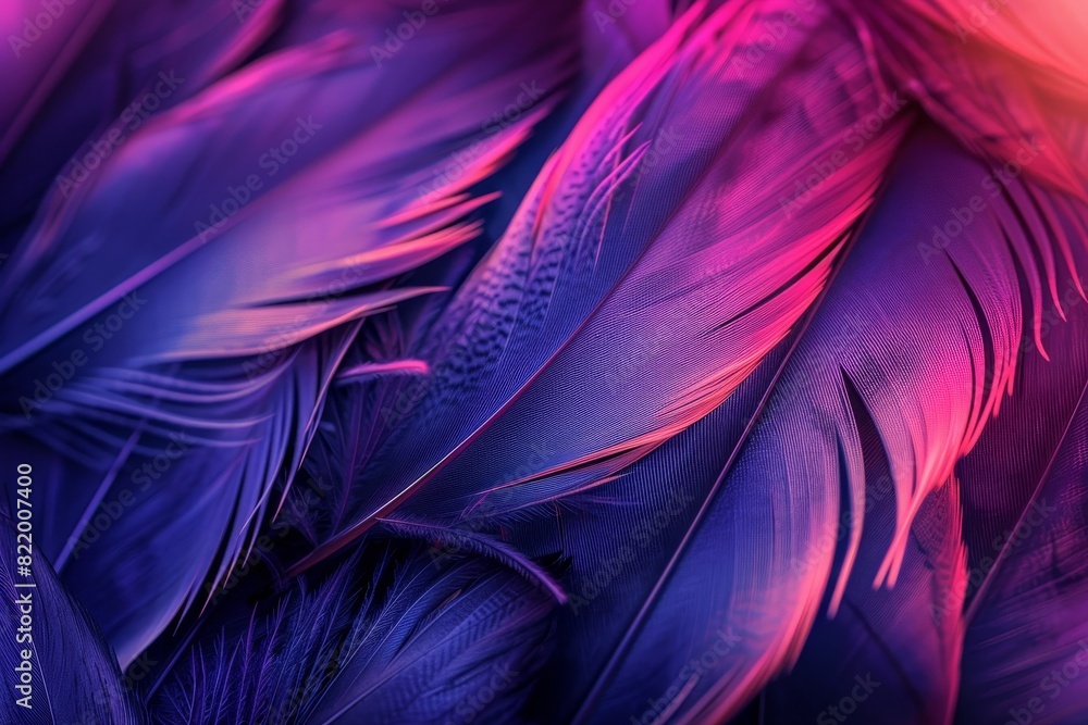 Poster close up macro shot featuring a diverse array of beautiful delicate pink and blue feathers