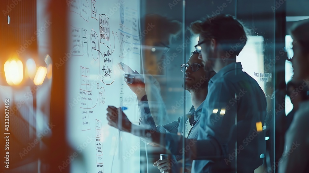 Poster whiteboard teamwork planning and business people with strategy and speaking in a office startup comp