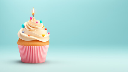 A celebratory cupcake with a lit candle on top on a vibrant blue background in 3d style with space for Happy Birthday wishes and messages.