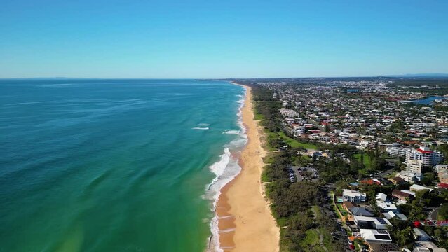 Aerial footage of Buddina coastal suburb in the Sunshine Coast Region in Queensland, Australia
