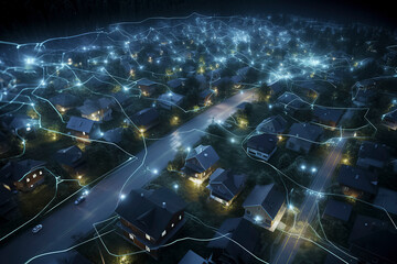 Nighttime aerial view of a neighborhood, with illuminated houses, streetlights, and glowing blue lines indicating connectivity or energy flow