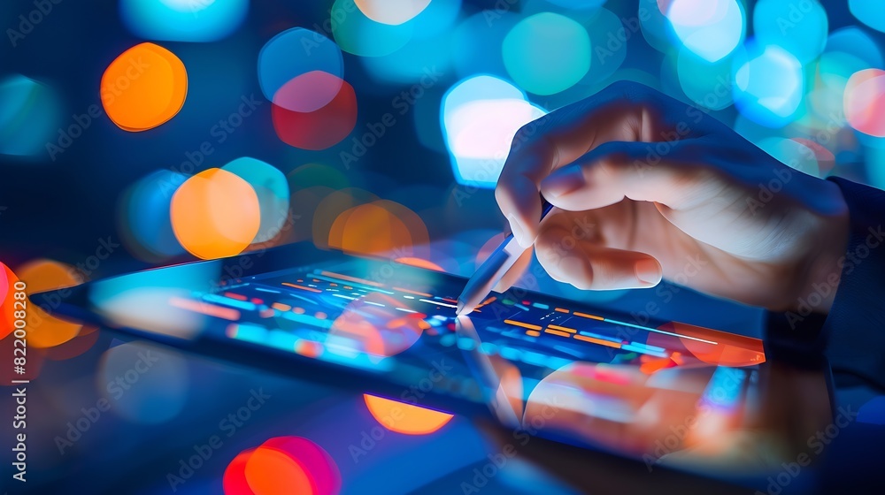 Poster businessman working on digital tablet computer business global internet network technology social me