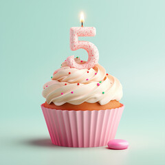 A creamy cupcake in a pink wrapper topped with a lit number 5 candle signifies a fifth birthday celebration.
