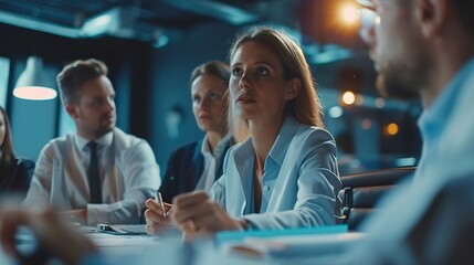 Fototapeta premium Professional financial experts collaborating during brainstorming meeting listening information from clever female director businesswoman providing information to corporate workers of : Generative AI