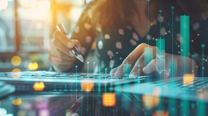Business Financing Accounting Banking Concept Businesswoman doing finances and calculating financial report with business graph growth chart finance and investment business analysis co : Generative AI