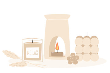 Aromatherapy and relaxation as interior decor in flat style