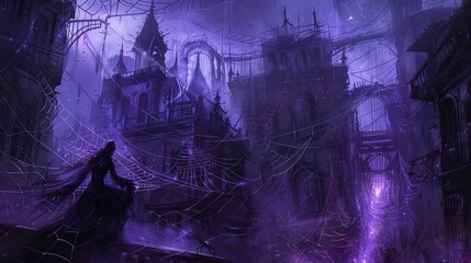 Digital Painting of Arachne, the cursed spider woman from Greek mythology, weaving her intricate web in a haunted ghost town, depicted in an ethereal, highdefinition style