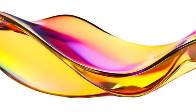 Abstract liquid glass shape with colorful reflections. Ribbon of curved water with glossy color wavy fluid motion. Chromatic dispersion flying and thin film spectral effect.