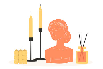 Aromatherapy and relaxation as interior decor in flat style