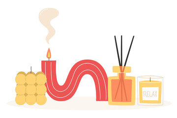 Aromatherapy and relaxation as interior decor in flat style