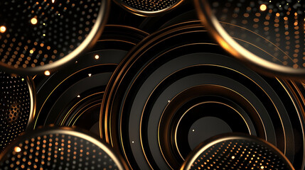 Luxurious gold and black background, abstract circular geometric shapes.